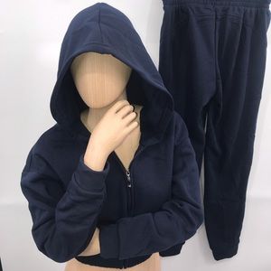 🆕Navy Sweatsuit Jogger Loungewear CropTop Zip Front Coat & Pants W/Pockets